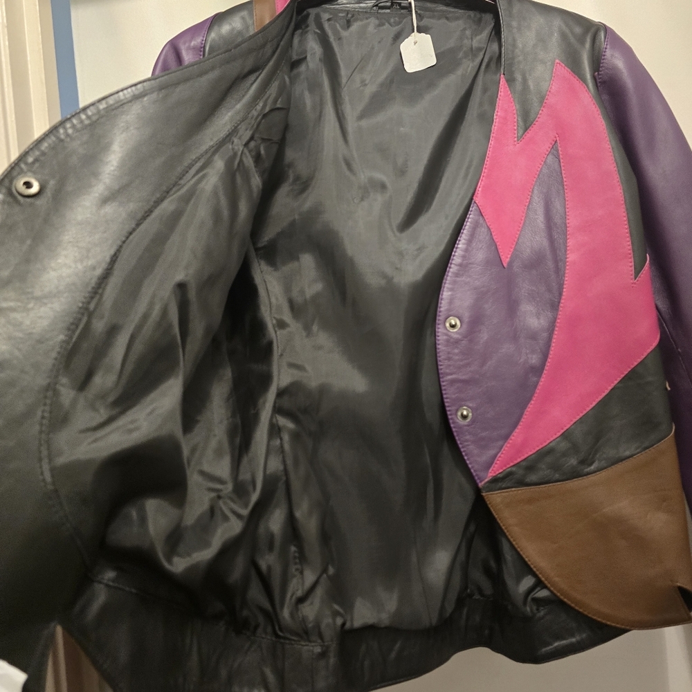 Colorblock Leather Jacket - Pink, Purple & Brown - Picture 4 of 4